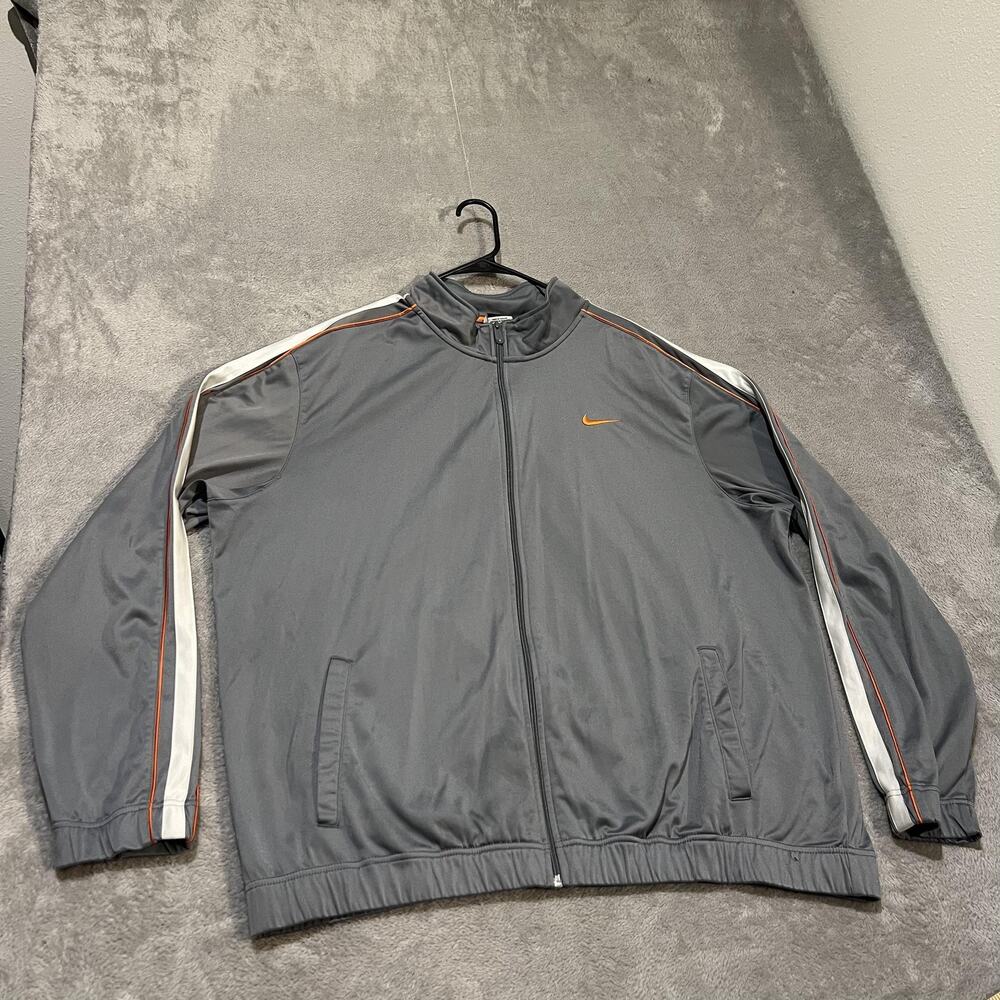Nike Track Jacket Mens 2XL Gray Full Zip Stripe Trim Orange Swoosh 411218-065